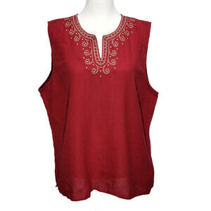 Tommy Hilfiger Jeans Linen Embroidered Split V‑Neck Top Burgundy XL